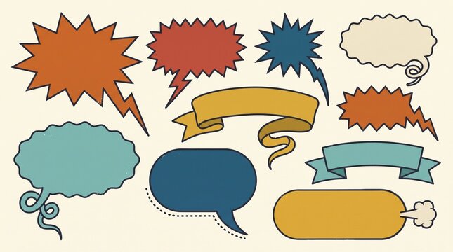Set of Comic Speech Bubbles and Talk Balloons with Cartoon Chat Icons, Communication Symbols, Dialogue Boxes, Thought Clouds and Vector Illustration Elements