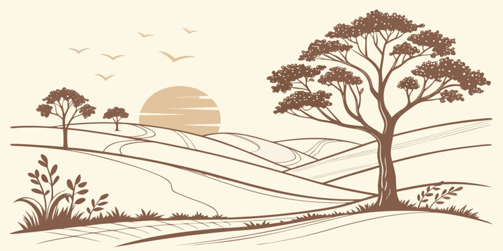Hand drawn illustration of a rural landscape with trees and sunset