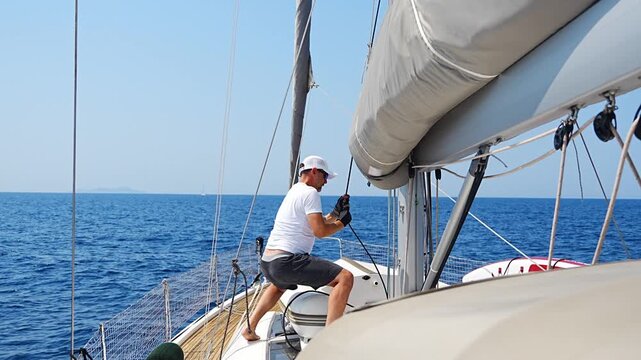 Man trimming mainsail on a sailing yacht during offshore voyage. Experienced sailor adjusting sail shape for efficient wind propulsion, safe navigation, boat control and blue water cruising lifestyle.