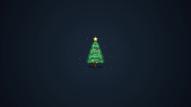 Minimalist flat design green Christmas tree with a gold star on dark blue background