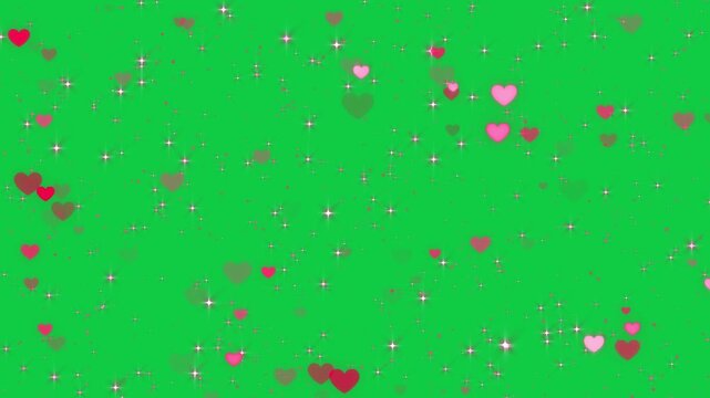  valentines day hearts neon lights and glitter stars pattern green screen animation,chroma key shiny glowing heart romantic love celebration overlay social media motion design element