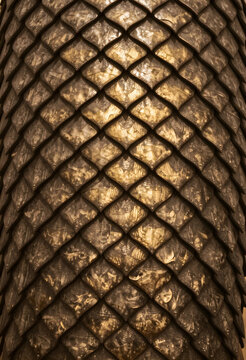 Texture and pattern design, abstract dragon scale surface with metallic bronze finish and intricate geometric repetition for luxury architectural background