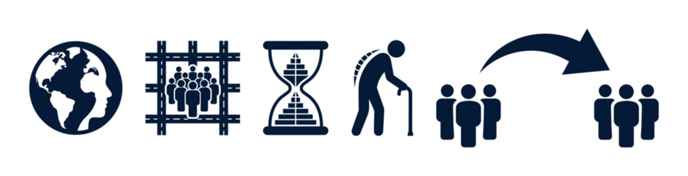 Demography and population icon set with global demographic, urban density, age pyramid hourglass, elderly senior, and human migration