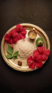 Traditional Kali Puja Offering Plate with Hibiscus and Diya