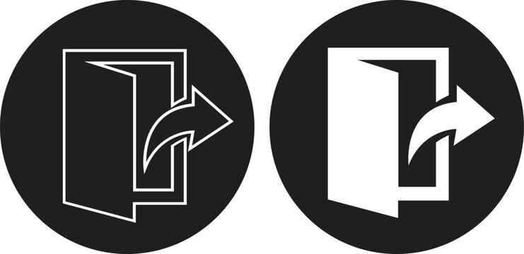 Exit door flat, outline icon set with open door and arrow pointing outside vectors. Logout symbols, leave marks, emergency exit signs and user interface button illustration design elements collection.