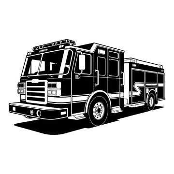 Detailed fire truck illustration presents a stark black silhouette