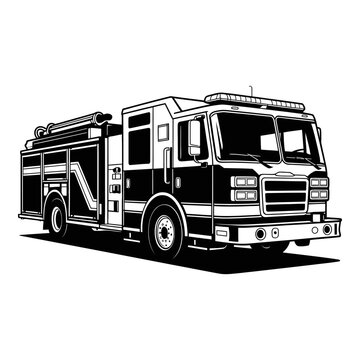 Detailed fire truck illustration features a stark black silhouette