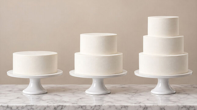 Three blank white tier cakes set (1, 2, and 3 tiers) on ceramic stands on marble surface. Minimalist wedding cake mockup template for bakery size guide and celebration design.