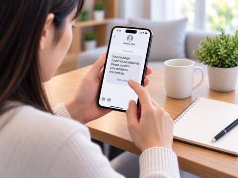 Woman Receiving Suspicious Package Delivery Message on Smartphone, Smishing Scam Concept