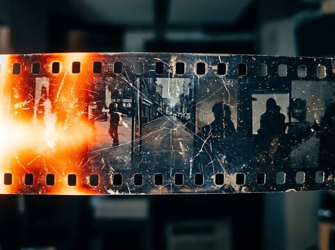 Vintage photographic film strip with light leak and grainy street scenes negative photography cinematic development