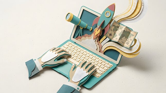 Creative Paper Cut-Out Illustration of a Laptop with Rocket Launch, Telescope, and Map, Representing Startup Innovation and Business Growth