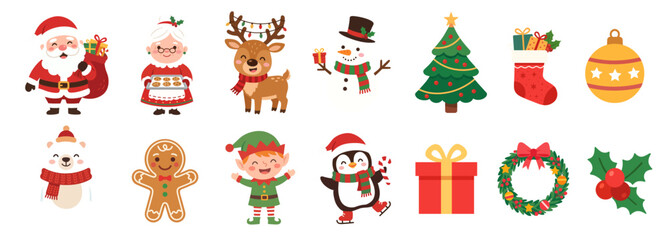 Naklejka premium Christmas cartoon characters and elements illustrations set. Festive kawaii clipart for Christmas decorations