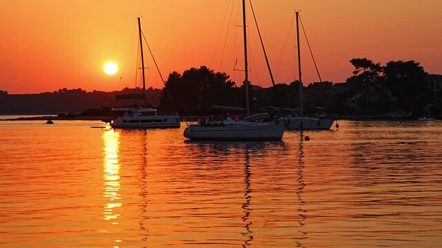 Sailing yachts anchored in a calm bay during a colorful summer sunset over the sea. Peaceful evening, golden hour, coastal travel destination and relaxing sailing lifestyle.