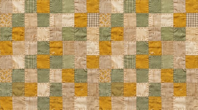 Vintage mustard and olive patchwork quilt texture featuring muted mustard yellow, olive green, beige, and cream fabric pieces. Realistic woven cotton and linen textures with visible stitching and subt
