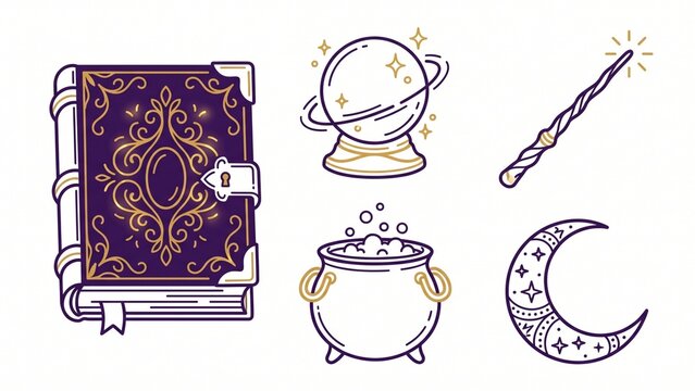 Mysterious magic element set with spell book crystal ball wand and cauldron for esoteric and fantasy festival design kit