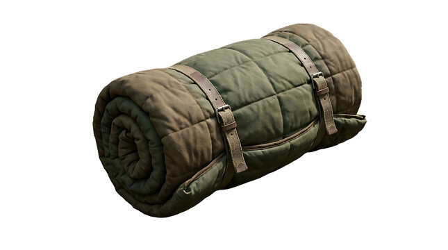 A rolled up vintage military style green canvas sleeping bag isolated on a clean white background