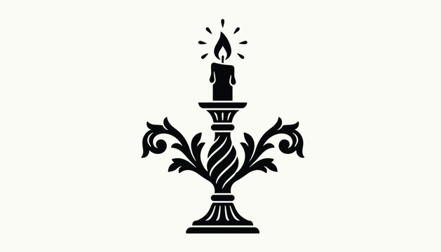 Black silhouette of a lit candle on an elegant decorative gothic candlestick isolated on a white background.