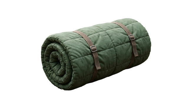 A rolled up green military style sleeping bag isolated on a plain white background for camping gear