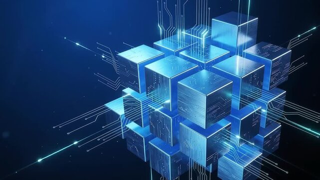 Abstract digital cube structure with glowing circuit board patterns