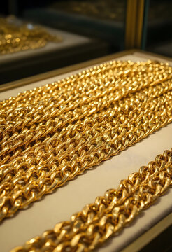 Luxury and wealth concept, gold chains displayed on a jewelry store counter for retail investment and fashion accessories in a high end boutique