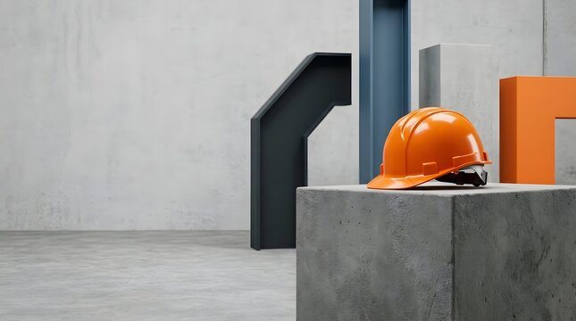 Orange safety helmet rests on concrete in a modern industrial interior space