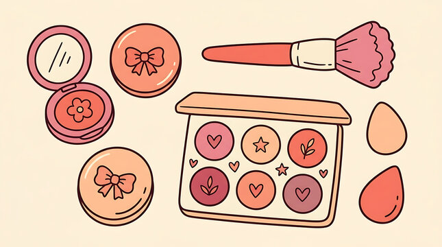 Flat vector illustration of makeup products including blush palette and brushes for beauty and cosmetics branding