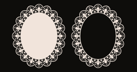 Vintage cream lace oval frame set decorated with floral motifs and semitransparent mesh. Delicate hand drawn doily border vector graphics for romantic wedding invitation design. © curly