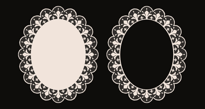 Vintage cream lace oval frame set decorated with floral motifs and semitransparent mesh. Delicate hand drawn doily border vector graphics for romantic wedding invitation design.