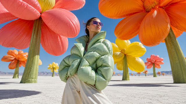 Stylish woman in a green puffer jacket among giant colorful flowers in a surreal outdoor setting, ideal for fashion, winter apparel, editorial and creative advertising.