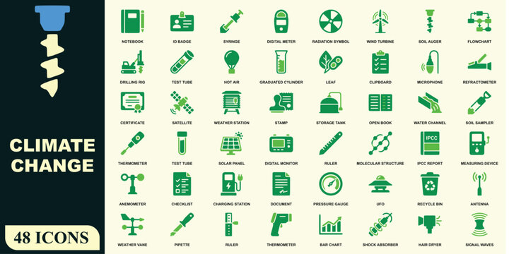 Climate change set featuring forty eight green symbols for scientific research
