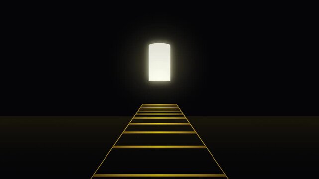 Abstract golden ladder leading to a glowing door of light in a dark space, concept of hope and future opportunities