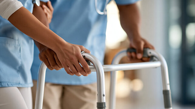 Healthcare professional assisting an elderly patient walking with a lightweight mobility frame in a hospital, rehabilitation, fall prevention, senior care, recovery support,