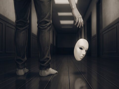 Anime style illustration of male legs standing in a dark hallway as a white mask drops to the floor, symbolizing lost identity, hidden emotions, vulnerability, and personal