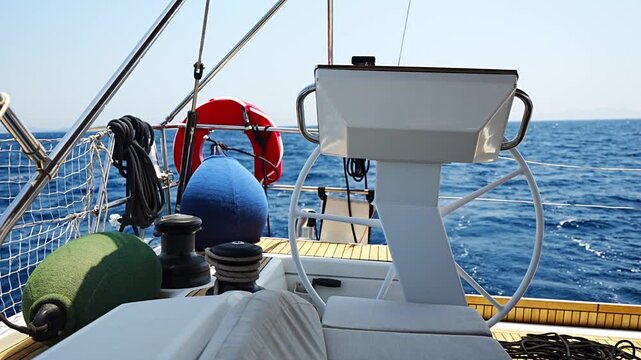 View of the helm station, steering wheel and cockpit of a modern sailing yacht cruising on the open sea. Concept of yacht navigation, sailing, seamanship, marine technology and luxury boating.