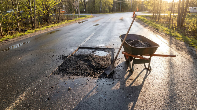 Pothole half-filled with cold-patch asphalt beside wheelbarrow
