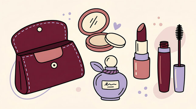 Flat vector illustration of cosmetic collection with makeup products and bag