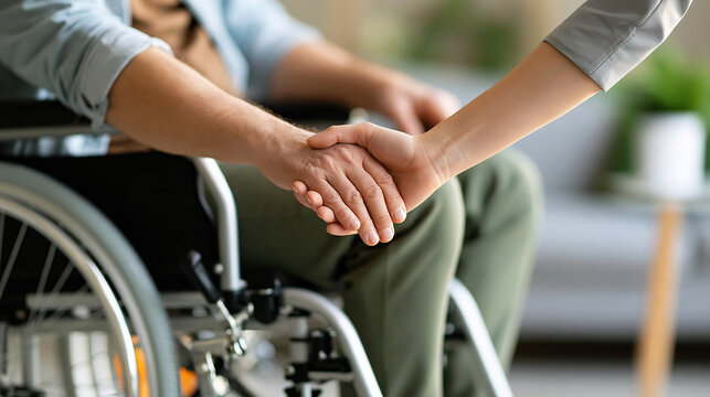 Faceless caregiver assisting a senior man in a wheelchair at home, disability support, elderly care, mobility assistance, independence, compassionate home healthcare, with copy