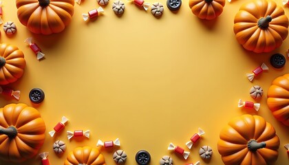 Fototapeta premium Orange pumpkins and small wrapped candies arranged on a bright yellow background surface