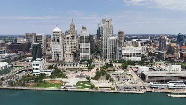 Drone Shot of Detroit Michigan USA Cityscape Skyline, Central Financial District Towers