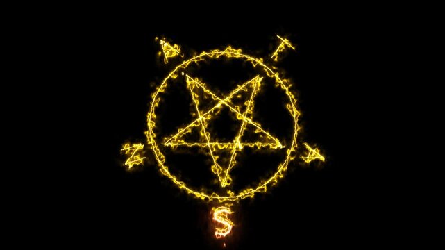 Inverted pentagram blazing with golden fire particles against pure black. Flaming Satanic symbol forms, spelling S-A-T-A-N lettering. Occult, gothic, and dark mysticism projects.