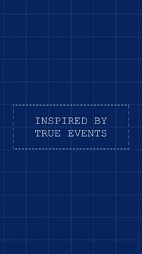 Animated movie trailer text template in blueprint style with dashed frames and typewriter phrases for inspired by true events and untold story teasers. Vertical layout for promo and social media.