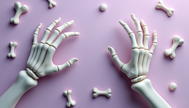 Pair of realistic human skeleton hands reaching out surrounded by small white bone fragments