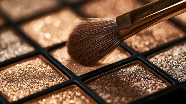 Close-up of makeup brush on shimmering neutral eyeshadow palette in warm bronze and gold tones