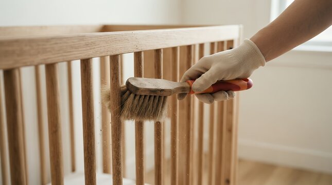 Restoring wooden baby crib with protective oil, hand in glove applying varnish to nursery cot, DIY furniture refinishing project
