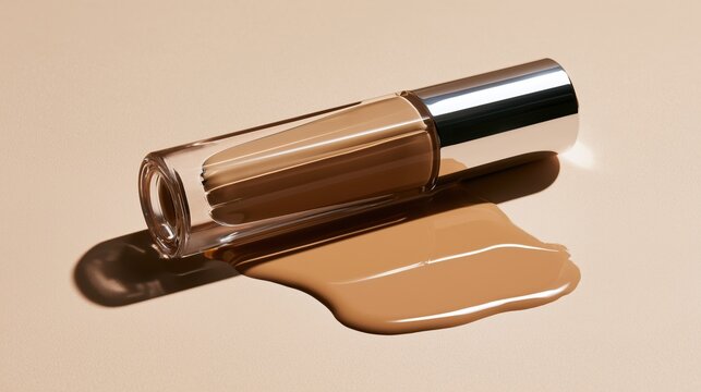 Liquid foundation bottle with spilled makeup swatches on warm beige background.