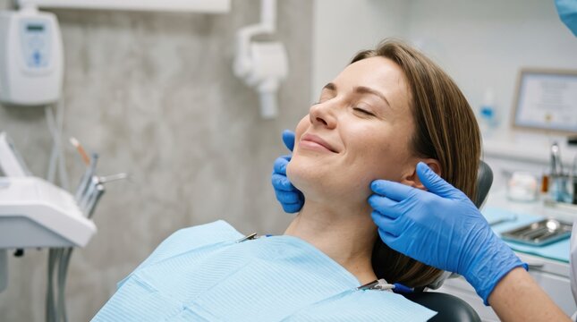 A dentist in blue surgical gloves gently palpates and examines the jaw and facial muscles of a relaxed female patient sitting in a reclining dental chair inside a clean and modern dental clinic.