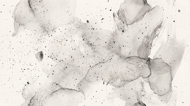 Seamless abstract black ink grunge texture featuring organic pigment dispersion, subtle ink pooling, dry-brush marks, translucent gray layers, and irregular speckled particles. Perfect for editorial l