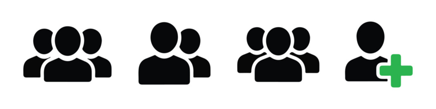 Team people icons set including user groups and add contact symbol for digital management tools.
