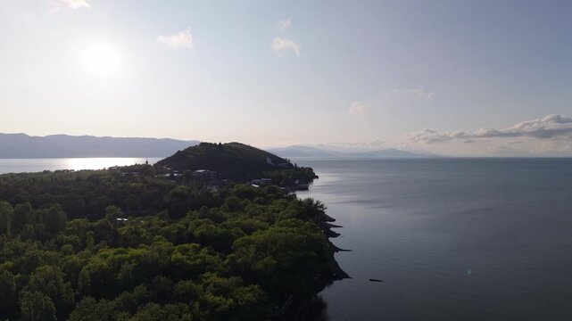 Aerial view of Lake Sevan in Sevan, Armenia.
