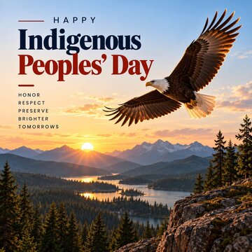 Bald eagle flying above vast mountain lake and pine forest at sunset during indigenous peoples day